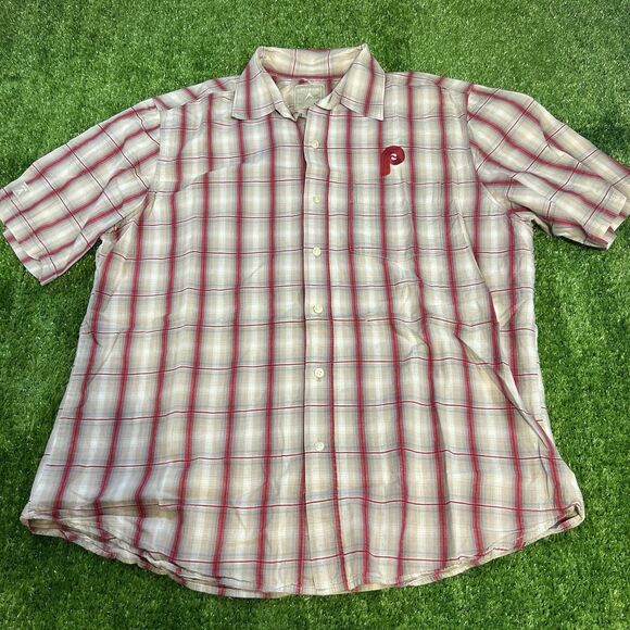 Mens Philedelphia Phillies MLB Antiqua Button Up Short Sleeve Shirt Mens Size XL - Picture 1 of 6